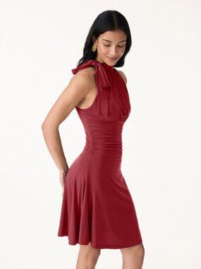 OGL Milky Matte Mockneck Bow Tie Ruched Mini Halter Bra Dress Chili Red S 4 6